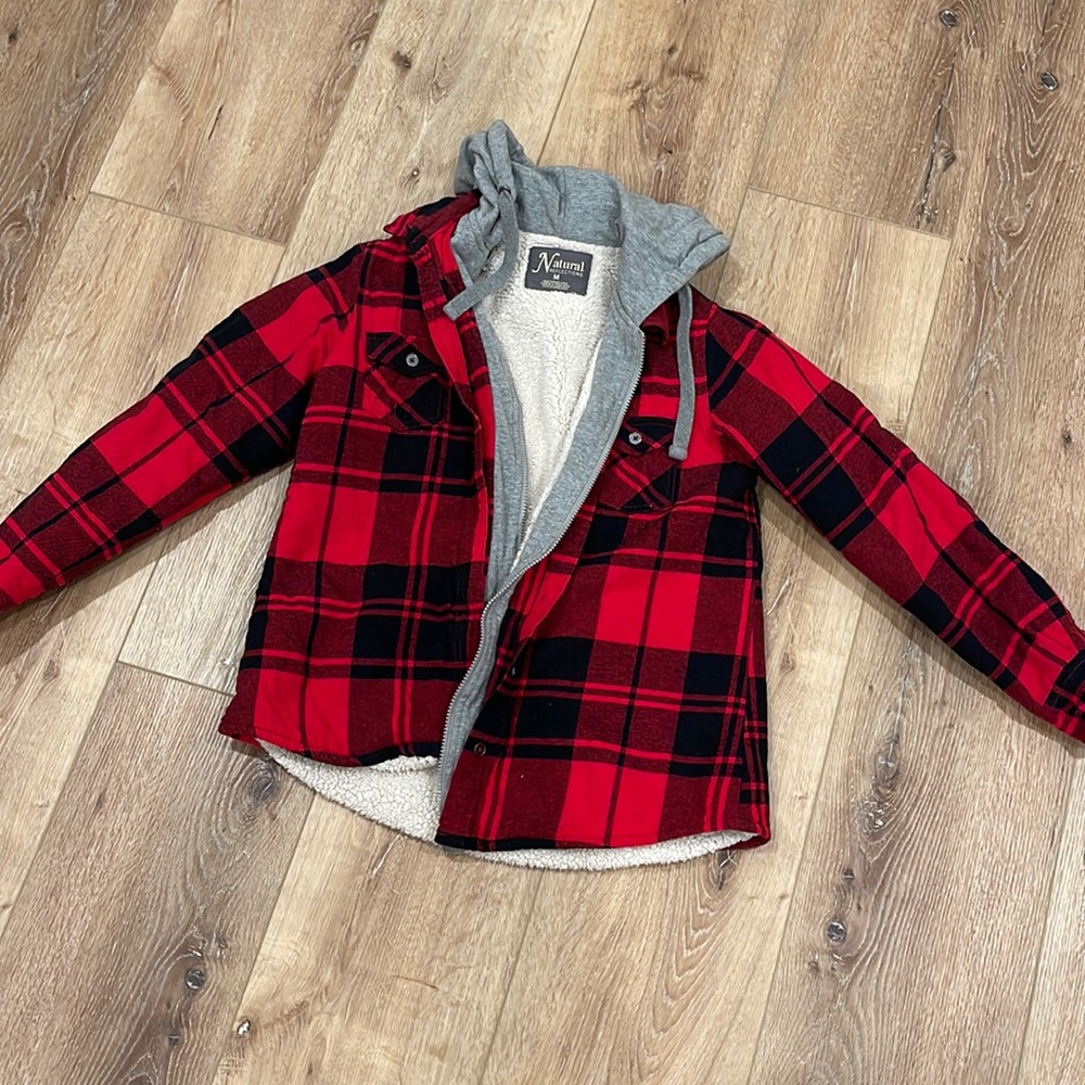 Red, black plaid with grey hood and drawstrings, fuzzy lining on body
